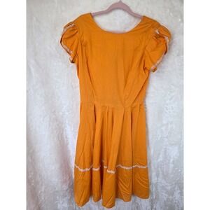 Vintage Handmade Orange Puff Sleeve Lace Trim Fit Flare Dress V-Back Knee Length